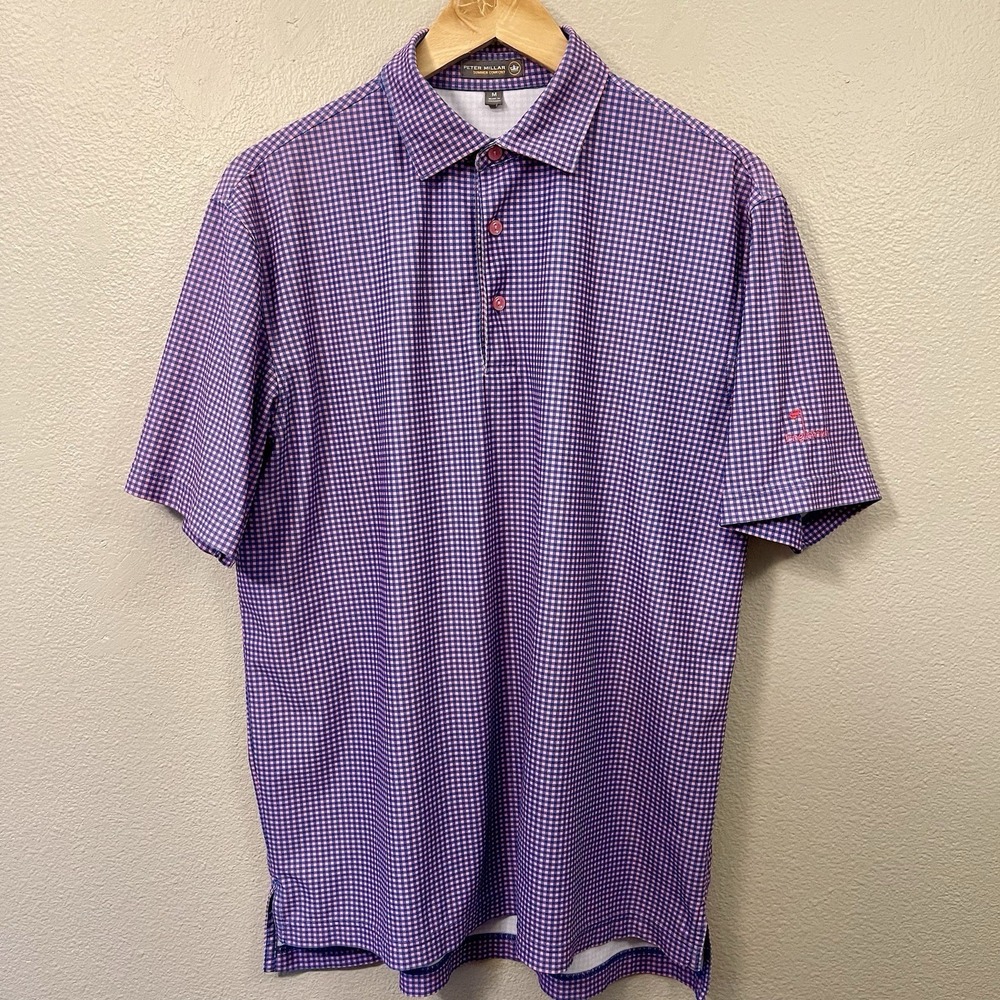 Peter Millar‎ Summer Comfort Polo Check Pattern English Turn Embroidery Sz M EUC